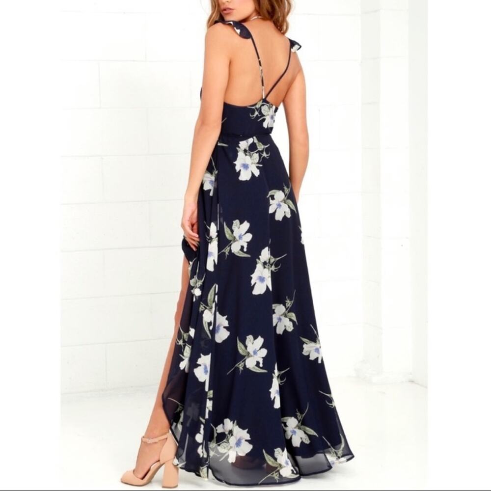 Lulus Wrap Dress Women Small Navy Floral High Low Maxi Ruffle Chiffon Summer - Picture 3 of 15